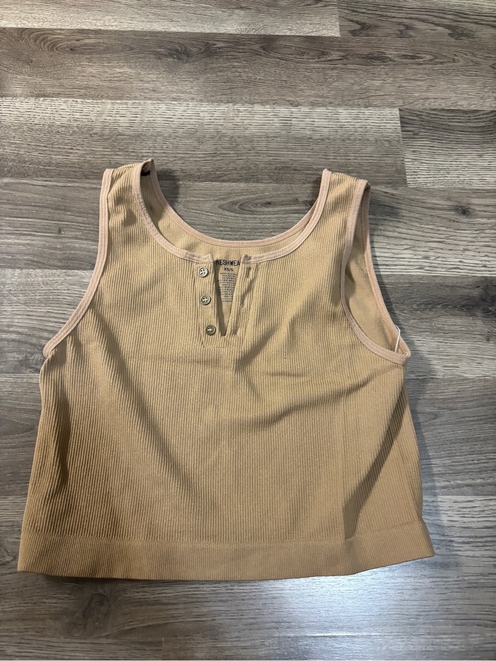 Buckle Ribbed Crop Tank Top in Camel with Pale Pink Trim